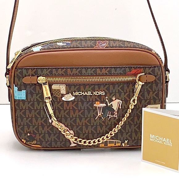 MICHAEL KORS JET SET GIRLS LARGE EAST WEST ZIP PACKED CHAIN XBODY BROWN MULTI - Picture 2 of 16